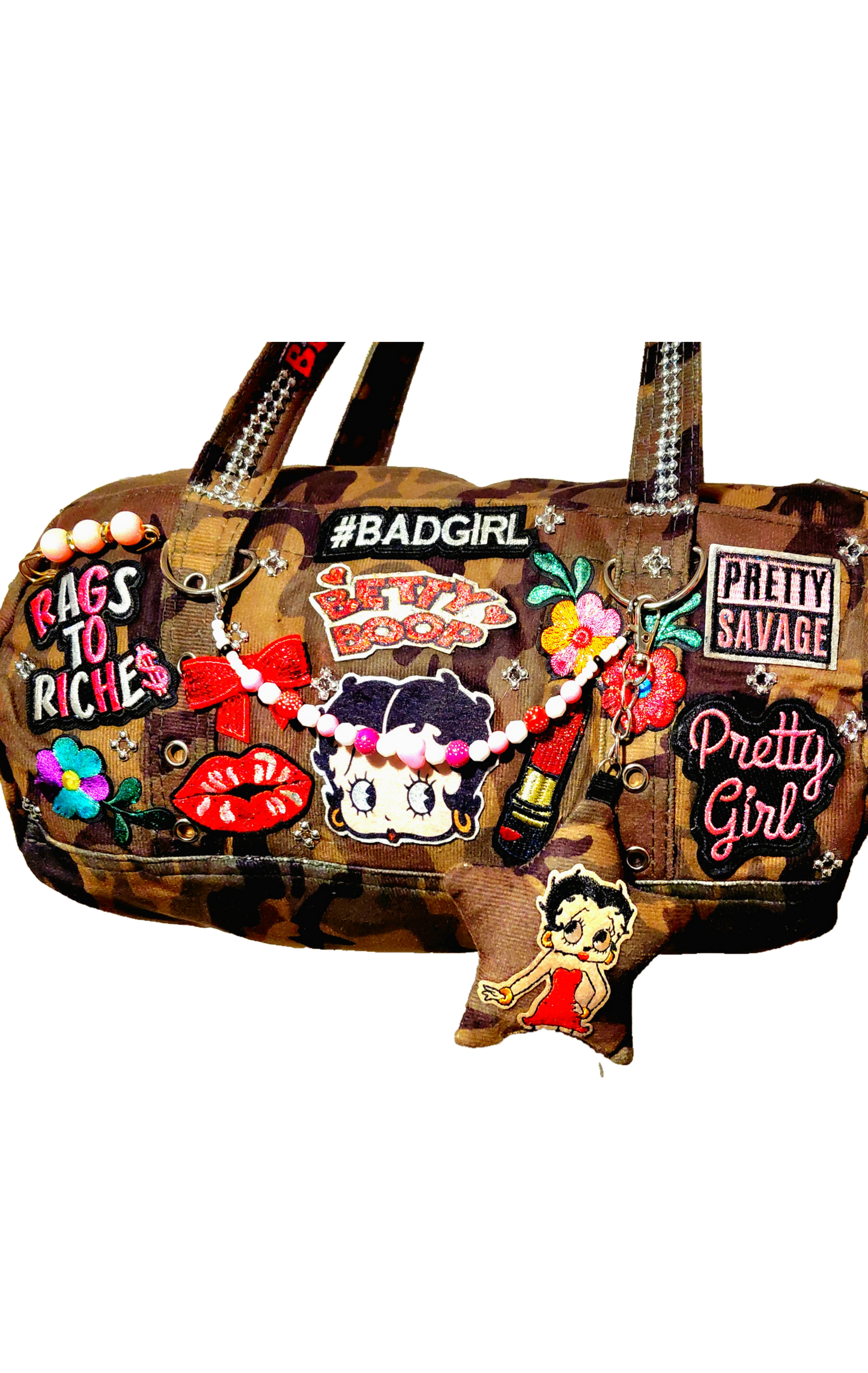 Hand Decorated Camouflage Duffle Style Betty Boop Designed Purse