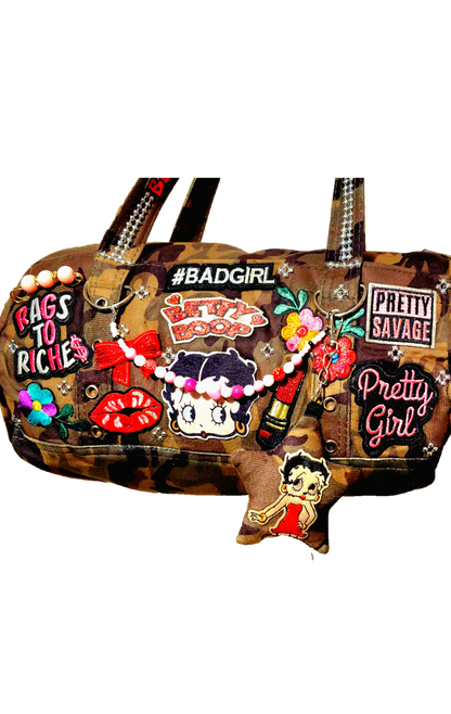 Hand Decorated Camouflage Duffle Style Betty Boop Designed Purse