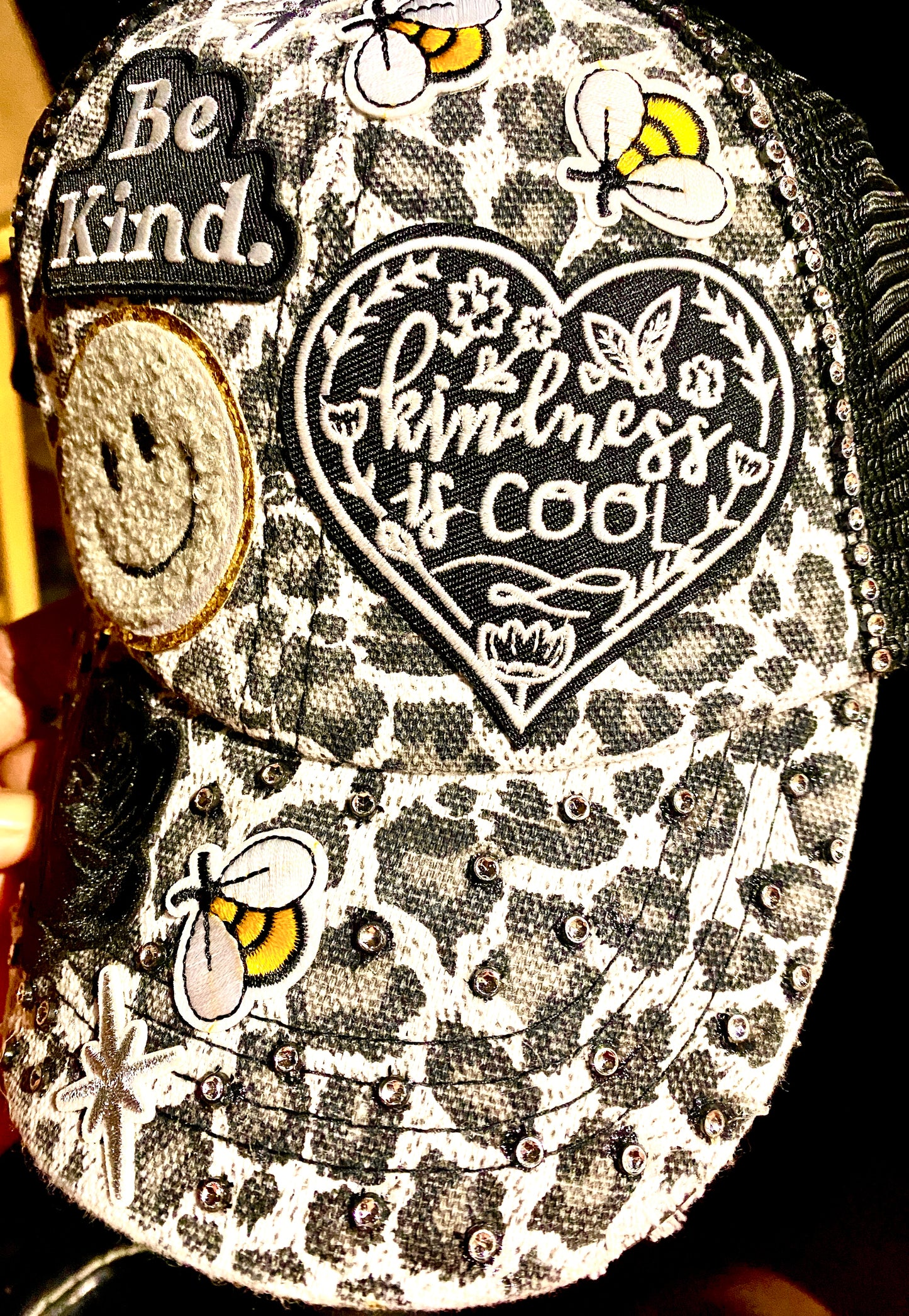 Be Kind Distressed Leopard Print Decorated Snap Back Hat in Black & White