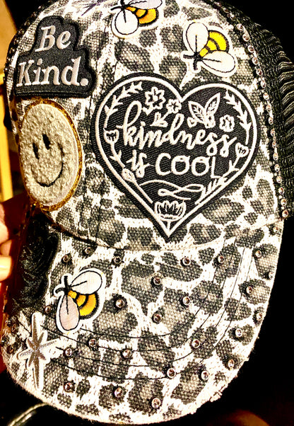 Be Kind Distressed Leopard Print Decorated Snap Back Hat in Black & White