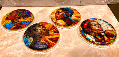 Handcrafted 4 PC  Black Art Coaster Set /w Metal Holder