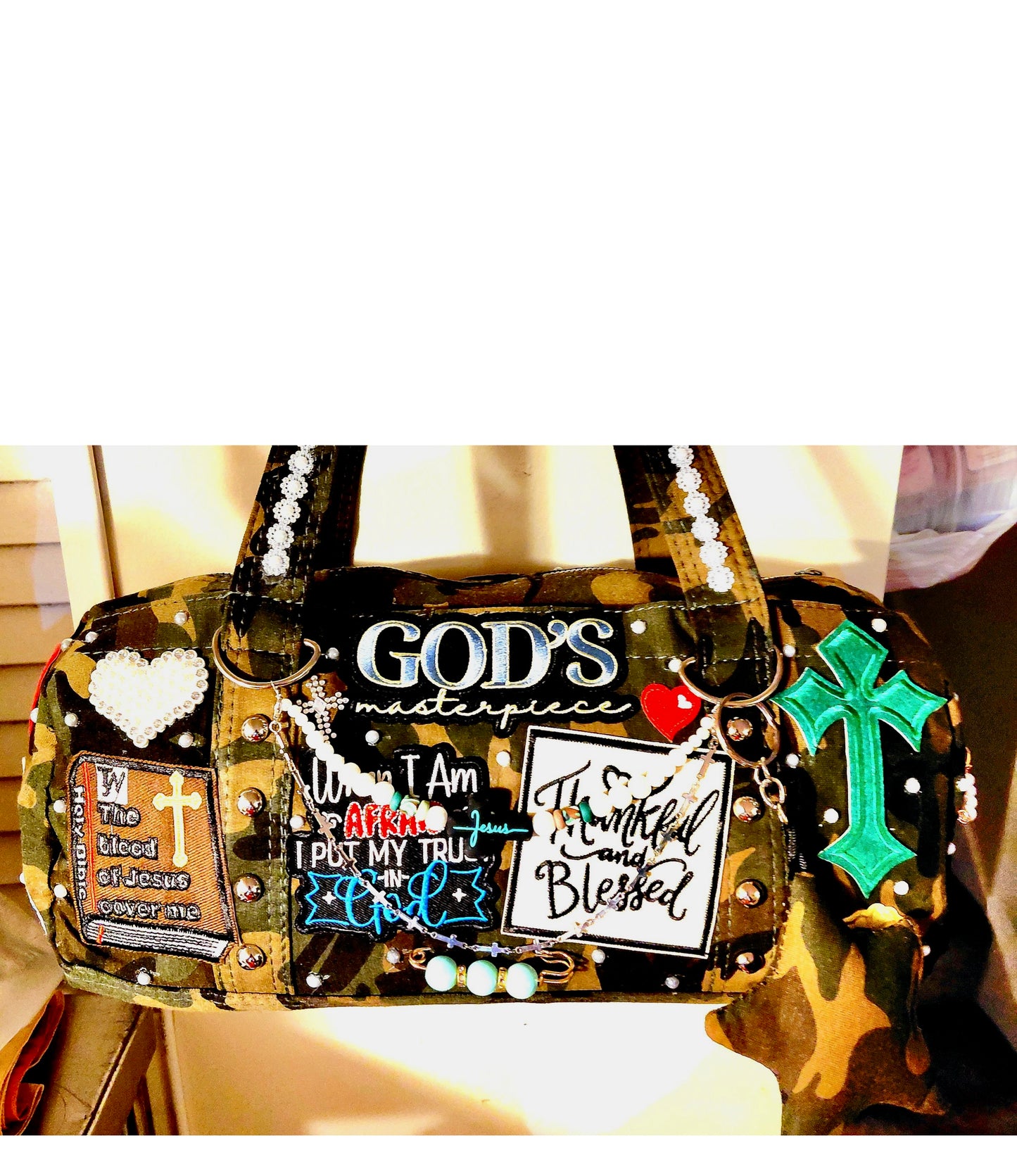 Hand Decorated Camouflage Duffle Style Woman of Faith Designed Purse