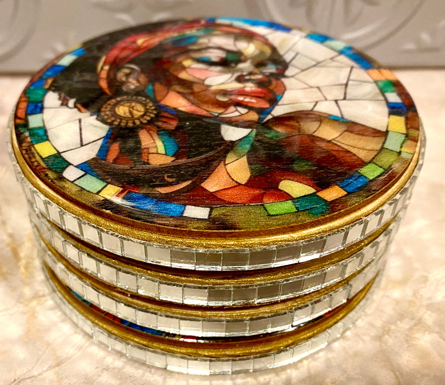 Handcrafted 4 PC  Black Art Coaster Set /w Metal Holder