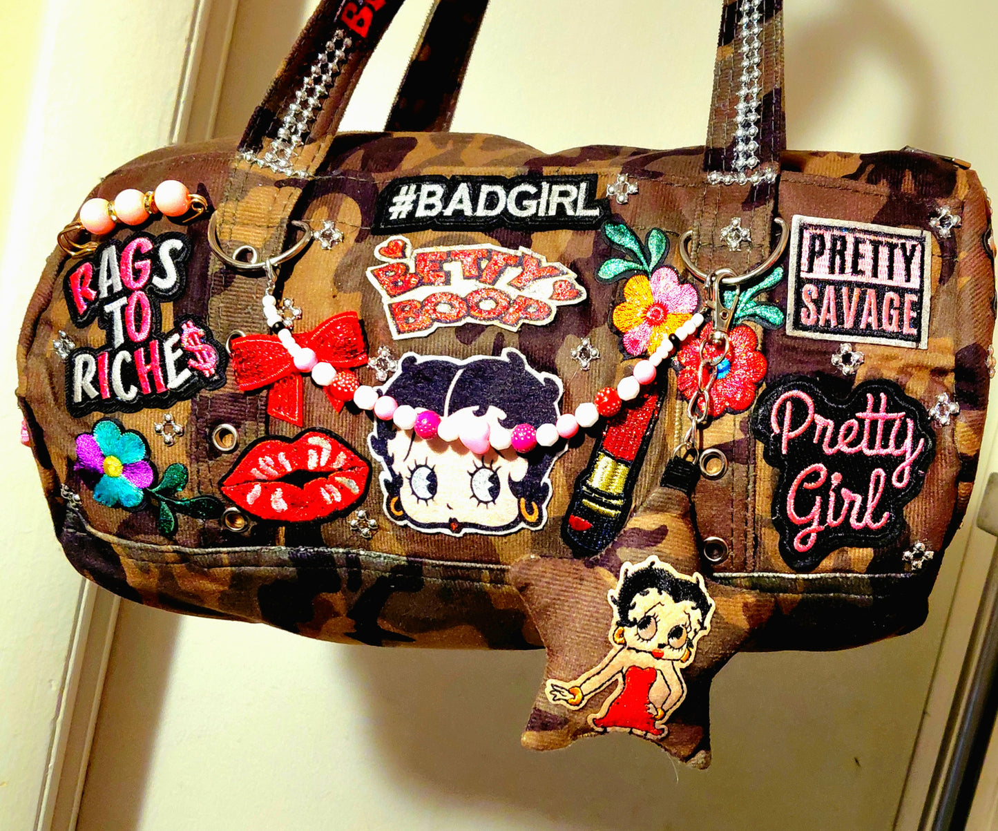 Hand Decorated Camouflage Duffle Style Betty Boop Designed Purse