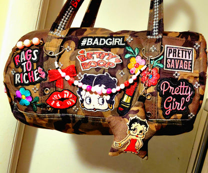 Hand Decorated Camouflage Duffle Style Betty Boop Designed Purse