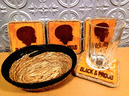 Proud & Black Solid Wood 4pc Coaster Set w/ Decorative Basket