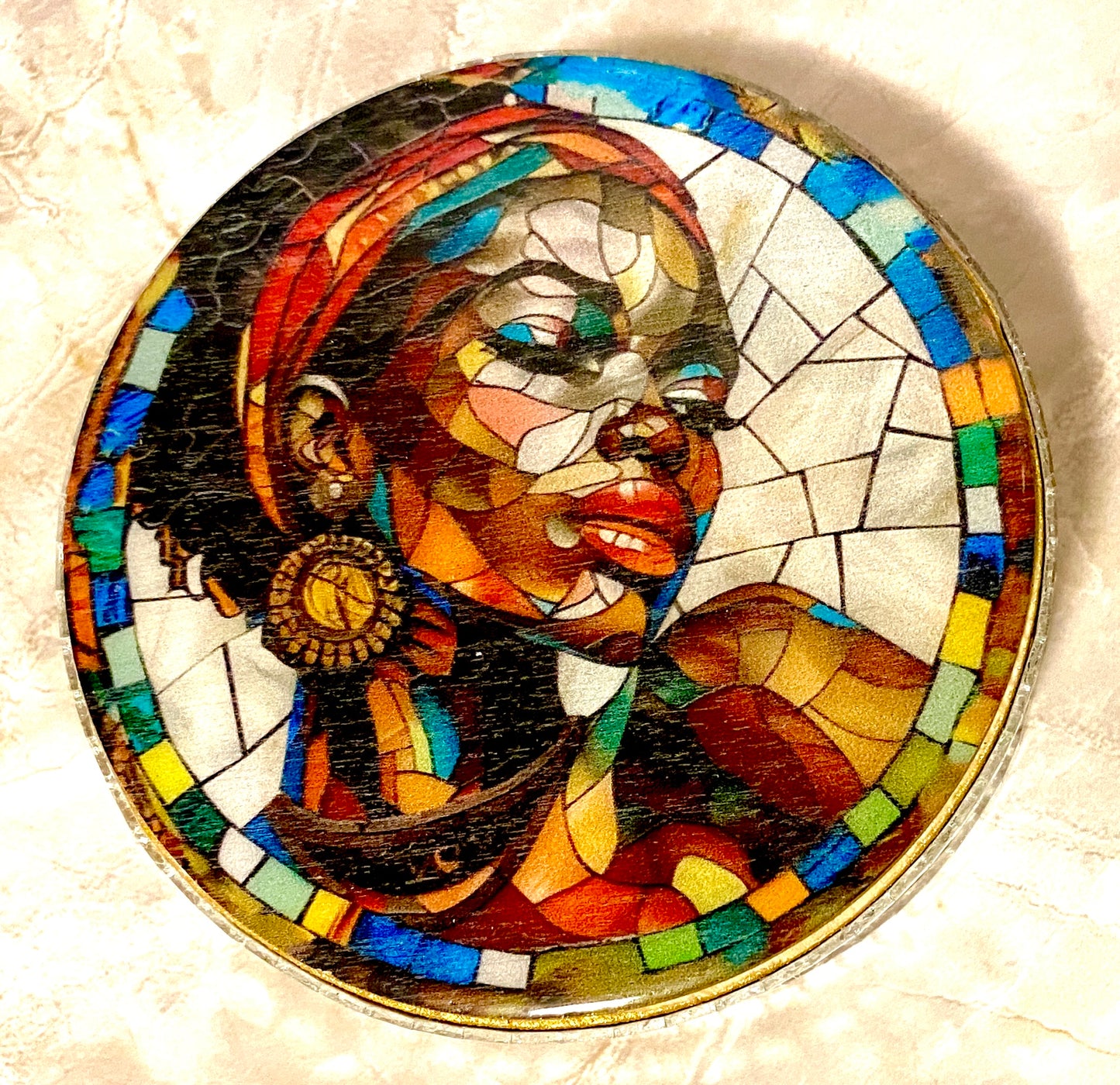 Handcrafted 4 PC  Black Art Coaster Set /w Metal Holder