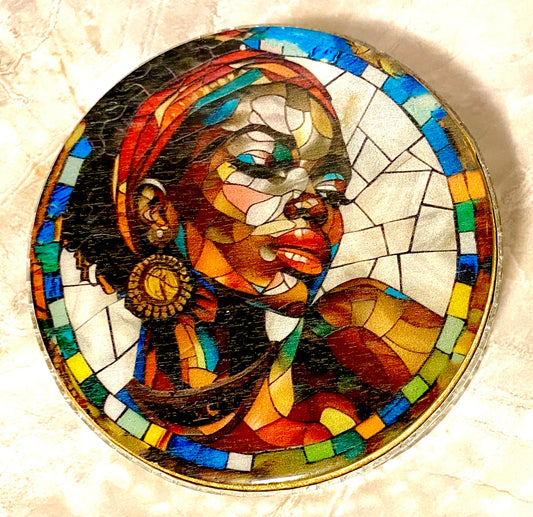 Handcrafted 4 PC  Black Art Coaster Set /w Metal Holder