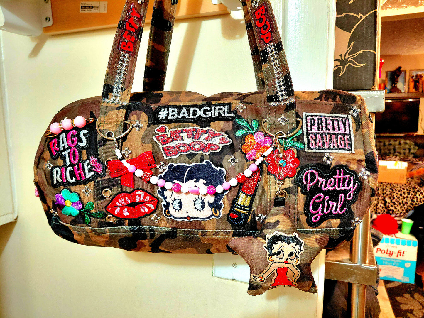 Hand Decorated Camouflage Duffle Style Betty Boop Designed Purse