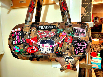 Hand Decorated Camouflage Duffle Style Betty Boop Designed Purse