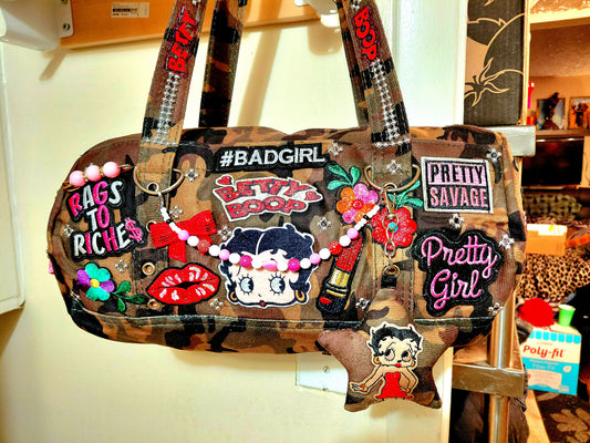 Hand Decorated Camouflage Duffle Style Betty Boop Designed Purse
