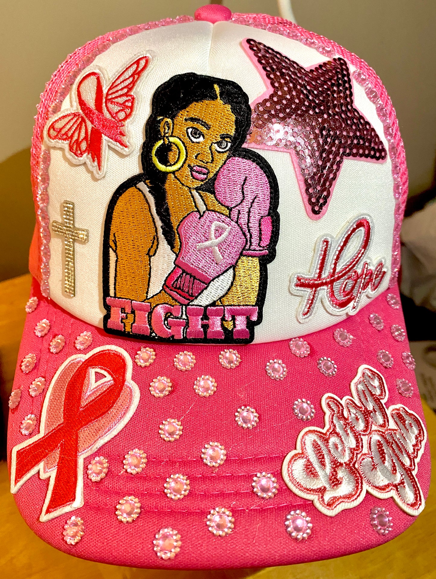 Cancer Awareness Decorated Truckers Hat in Pink & White