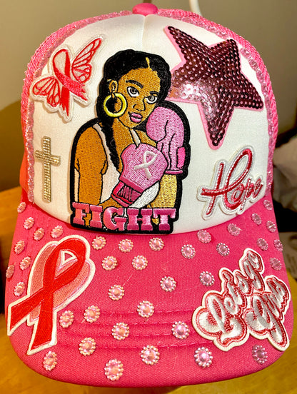 Cancer Awareness Decorated Truckers Hat in Pink & White
