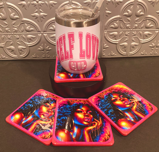 Handcrafted 4pc Hot Pink Lady Coaster Set w/ Holder