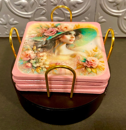 Vintage Lady In The Pink Hat 4pc Wooden Coaster Set w/ Holder
