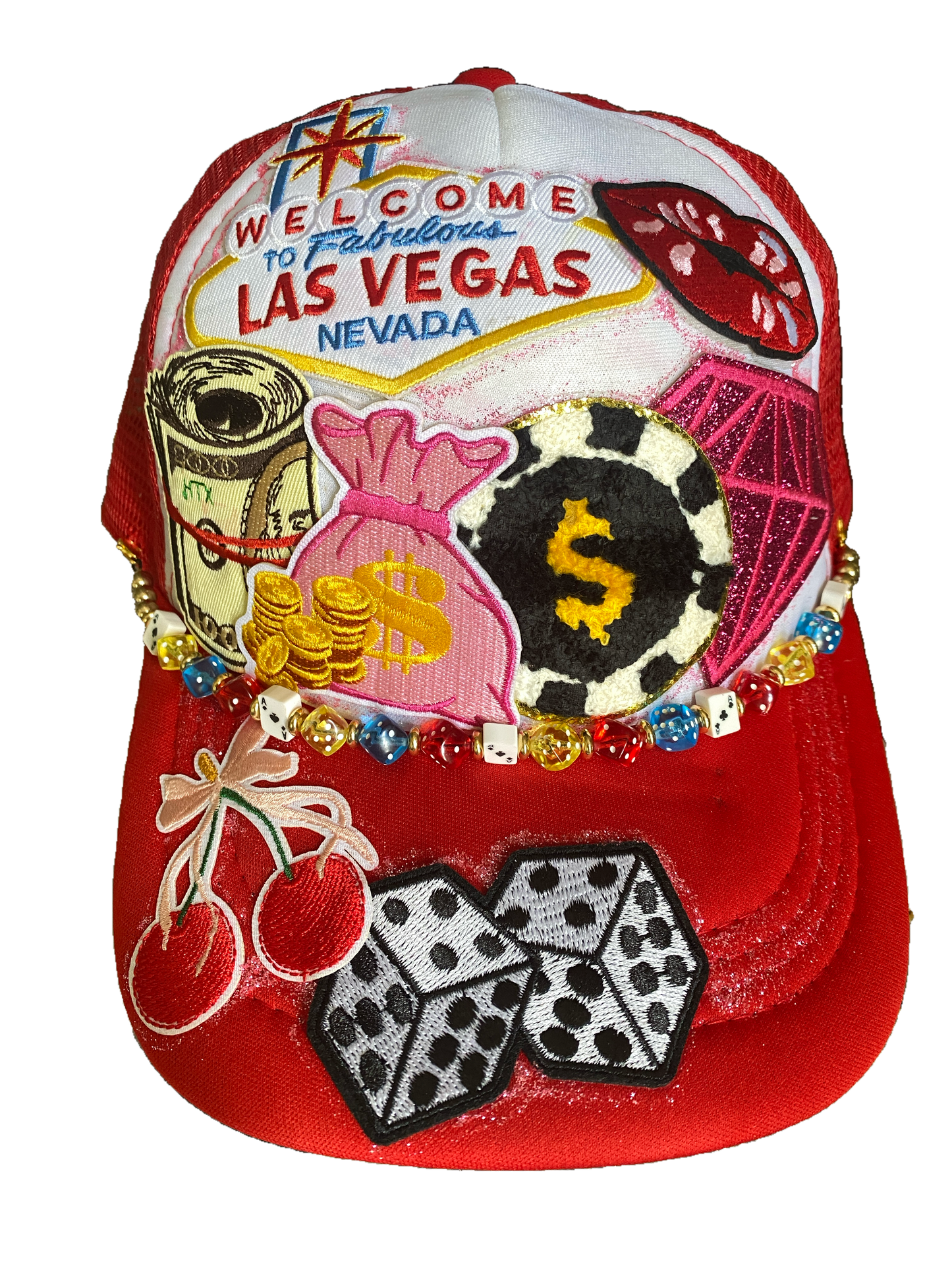 The Gambler Decorated Truckers Hat in Red & White