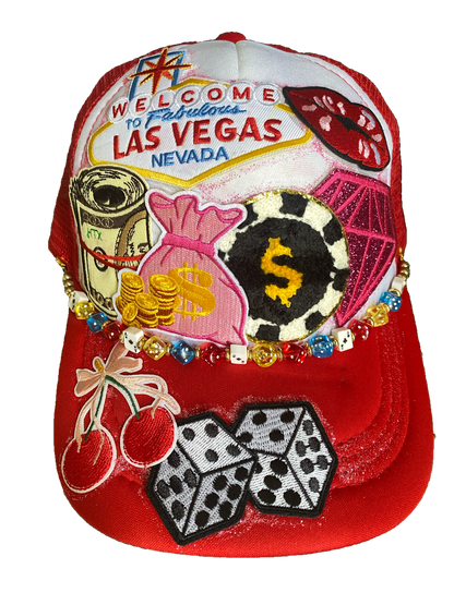 The Gambler Decorated Truckers Hat in Red & White