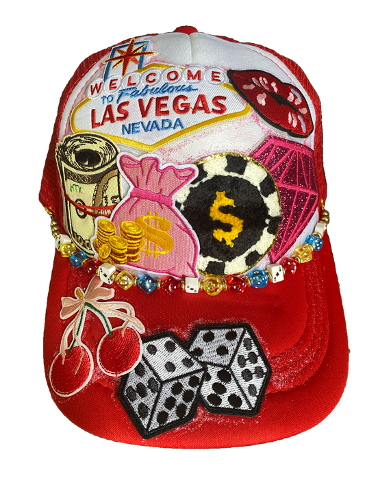 The Gambler Decorated Truckers Hat in Red & White