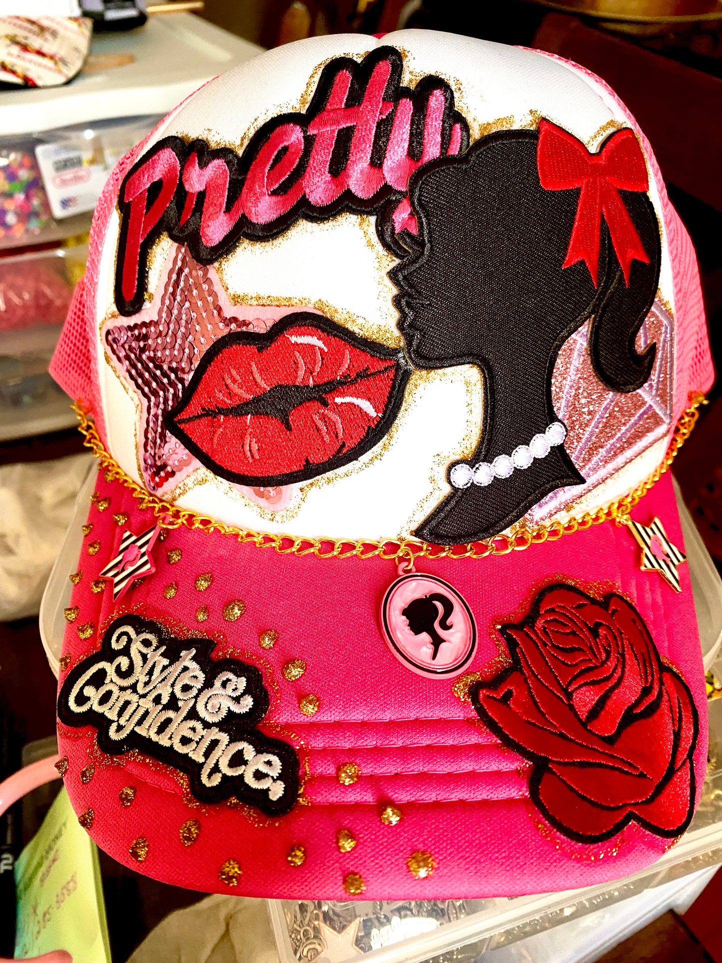 Pretty Girl Decorated Truckers Hat in Pink & White