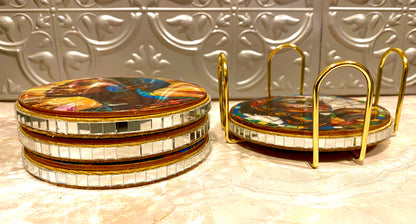 Handcrafted 4 PC  Black Art Coaster Set /w Metal Holder