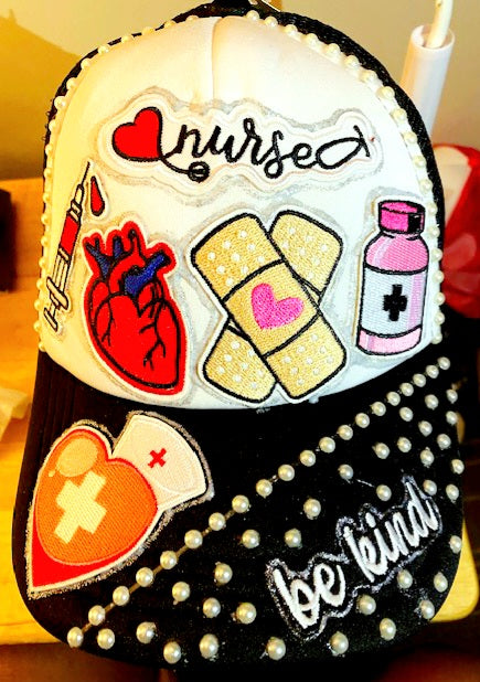 Nurse Life Decorated Truckers Hat in Black & White