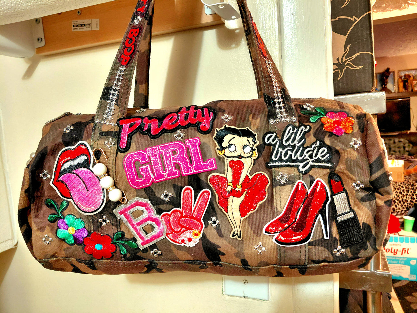 Hand Decorated Camouflage Duffle Style Betty Boop Designed Purse