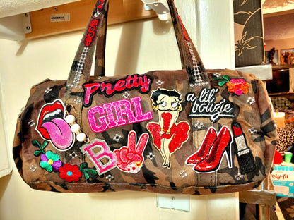 Hand Decorated Camouflage Duffle Style Betty Boop Designed Purse