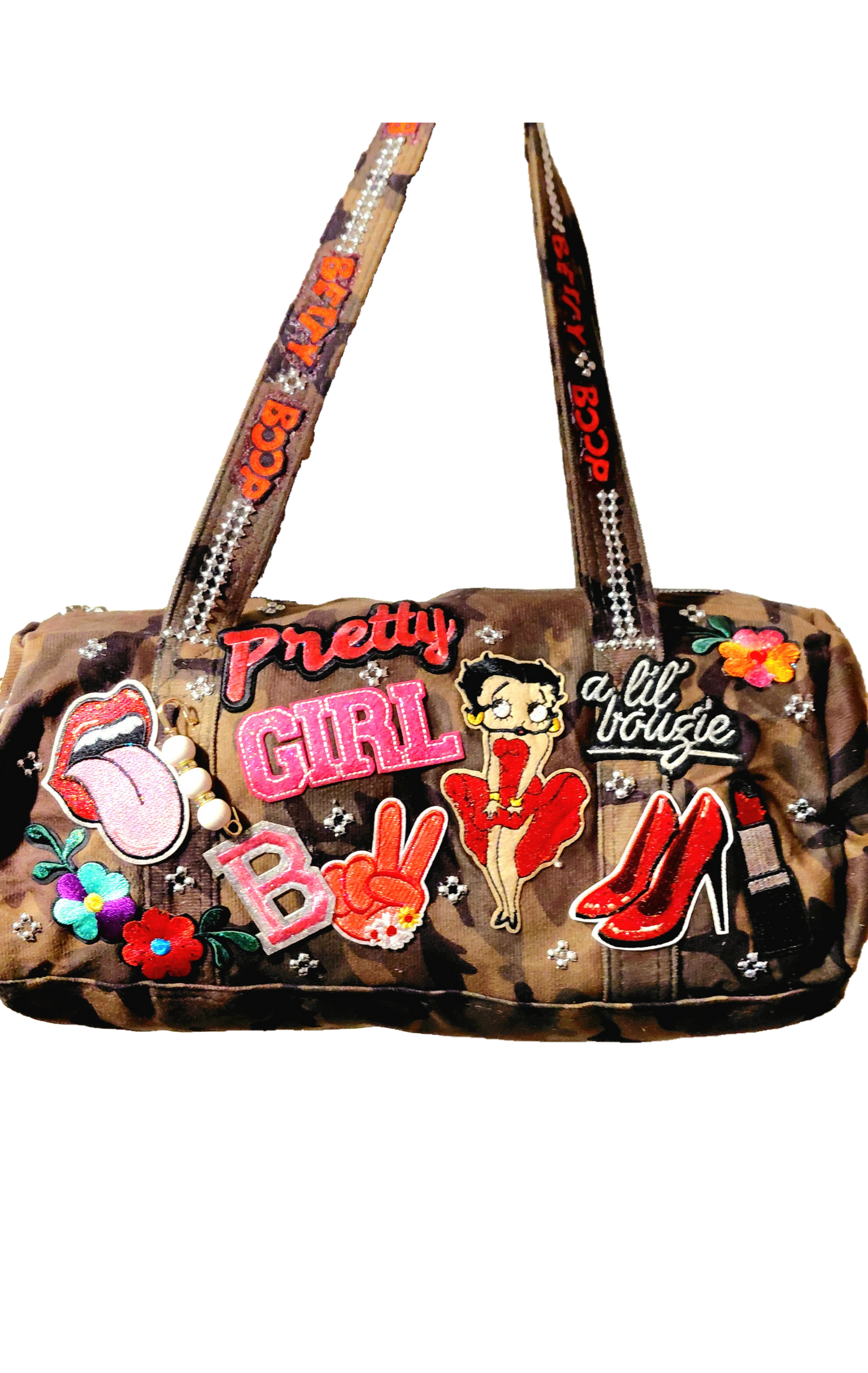 Hand Decorated Camouflage Duffle Style Betty Boop Designed Purse