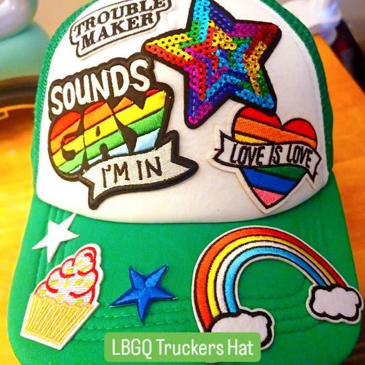 Rainbow Pride Decorated Truckers Hat in Green & White