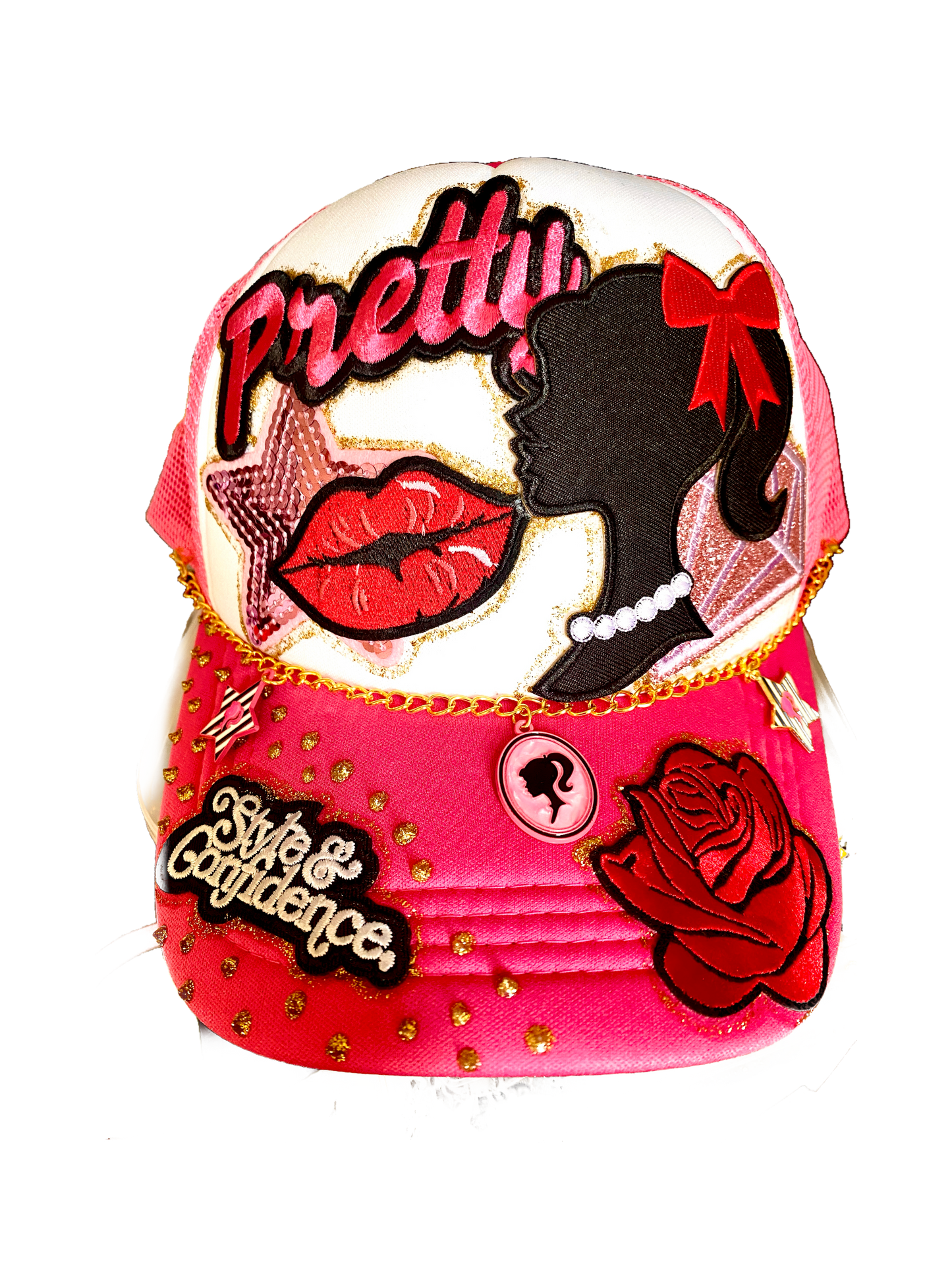 Pretty Girl Decorated Truckers Hat in Pink & White