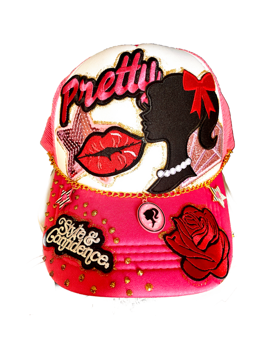Pretty Girl Decorated Truckers Hat in Pink & White