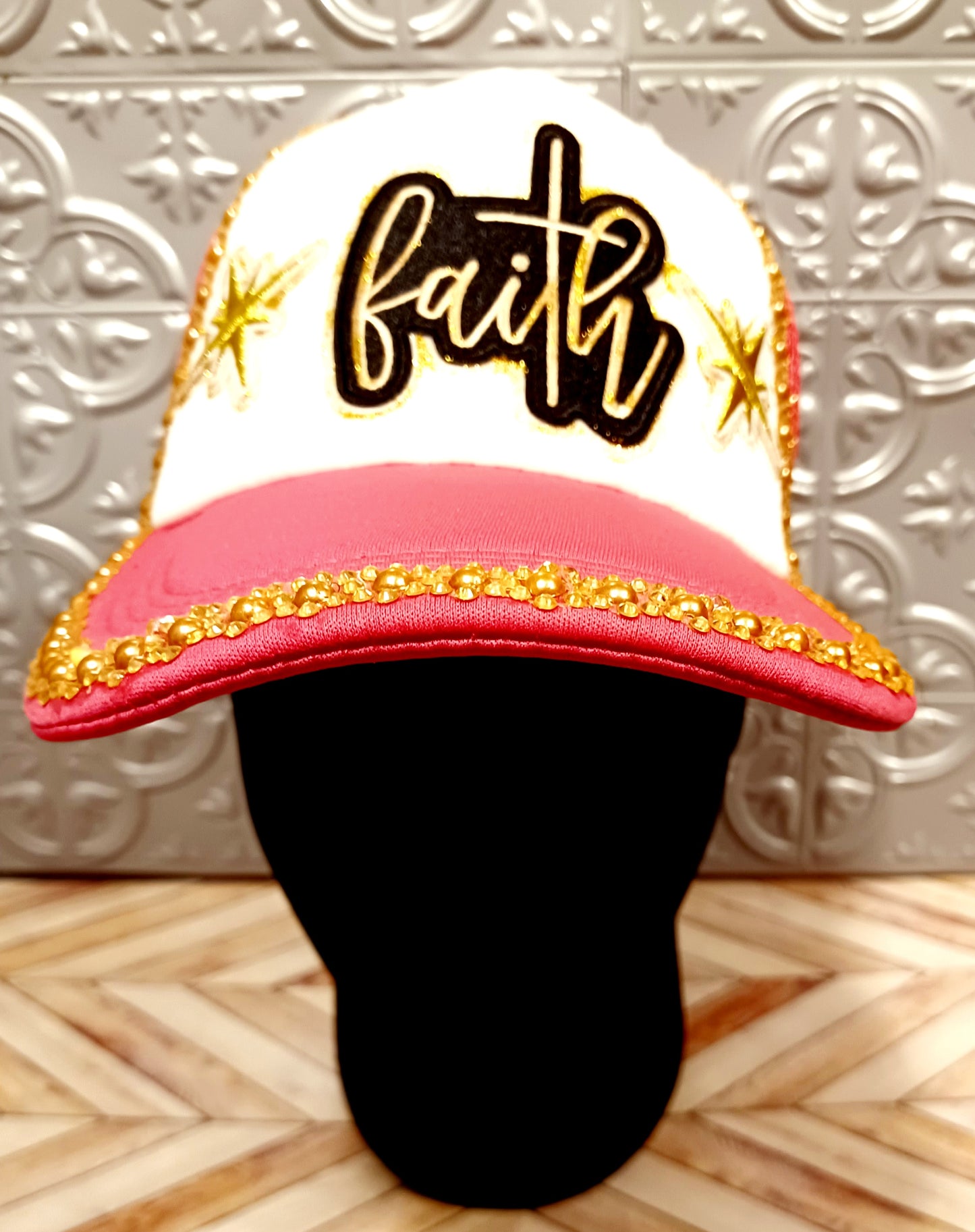 Faith Decorated Truckers Hat in Hot Pink