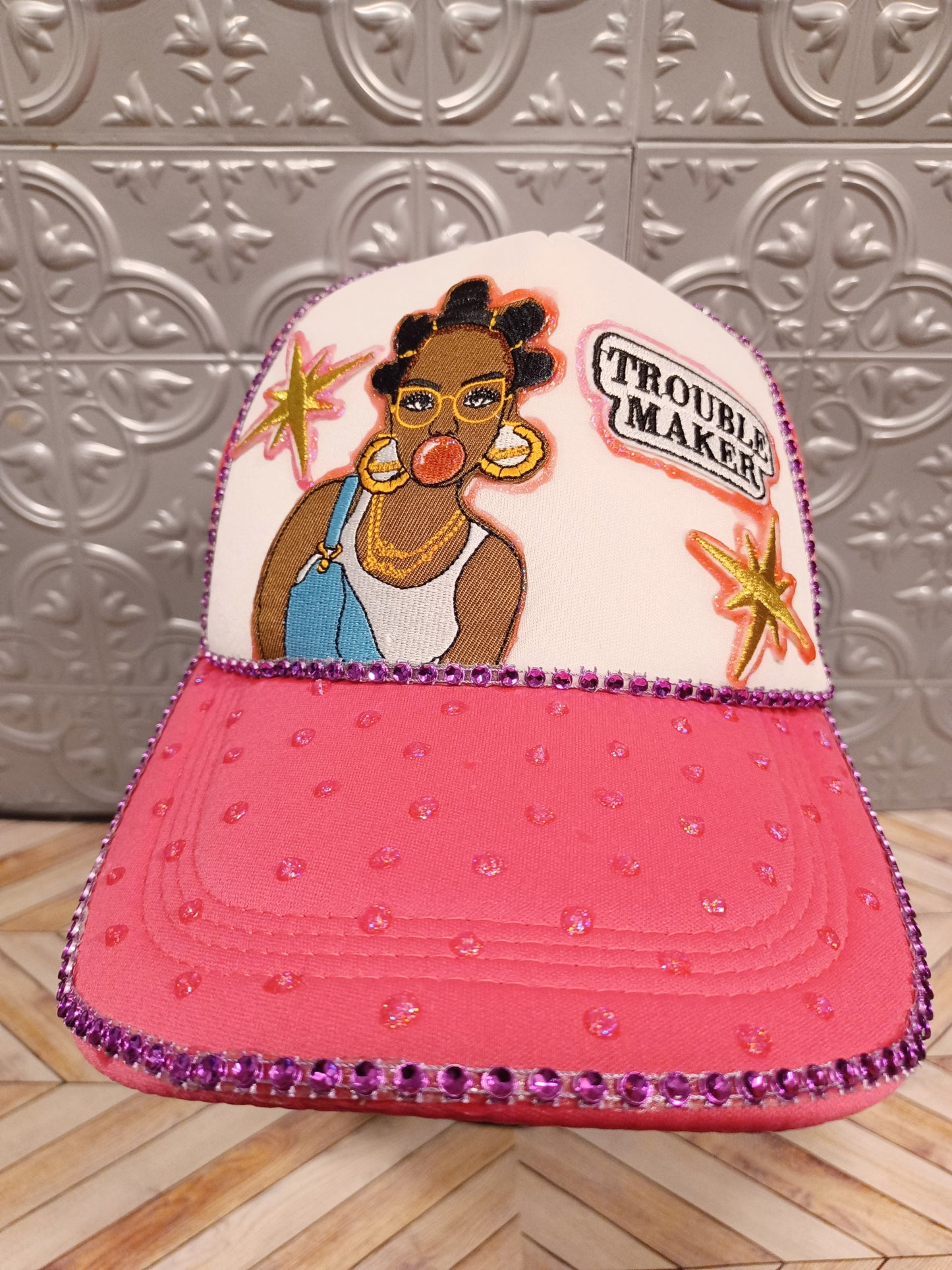Trouble Maker Decorated Truckers Hat in Pink & White