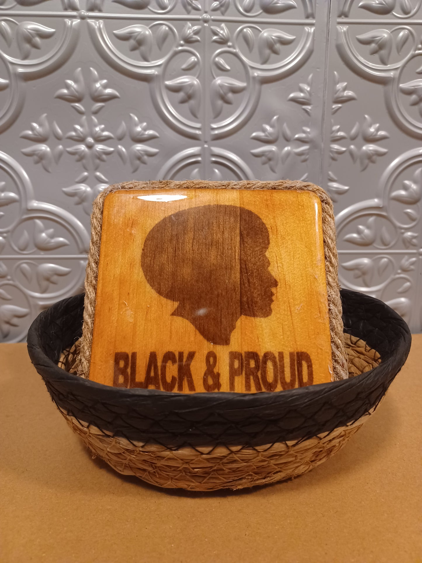 Proud & Black Solid Wood 4pc Coaster Set w/ Decorative Basket