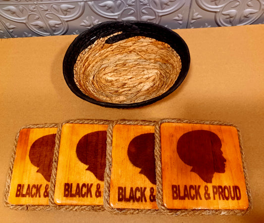 Proud & Black Solid Wood 4pc Coaster Set w/ Decorative Basket