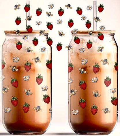 Sweet Strawberry 16oz UVDTF Glass Cup Wrap (glass cup not included)