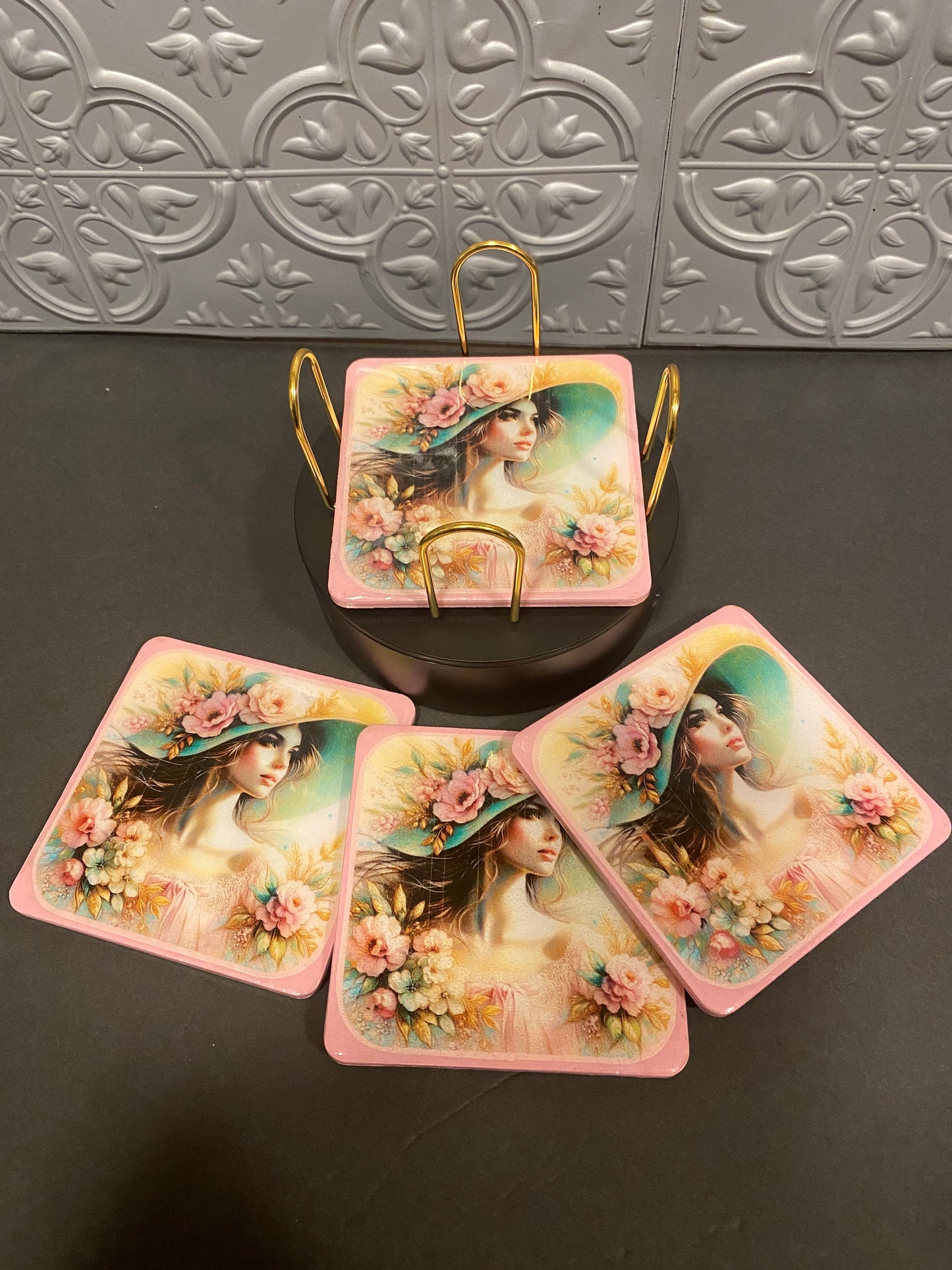 Vintage Lady In The Pink Hat 4pc Wooden Coaster Set w/ Holder