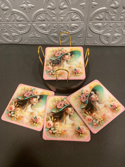 Vintage Lady In The Pink Hat 4pc Wooden Coaster Set w/ Holder