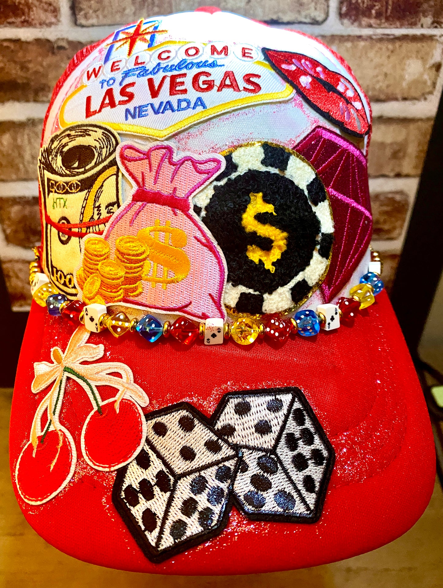 The Gambler Decorated Truckers Hat in Red & White