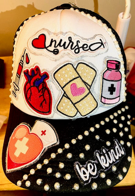 Nurse Life Decorated Truckers Hat in Black & White