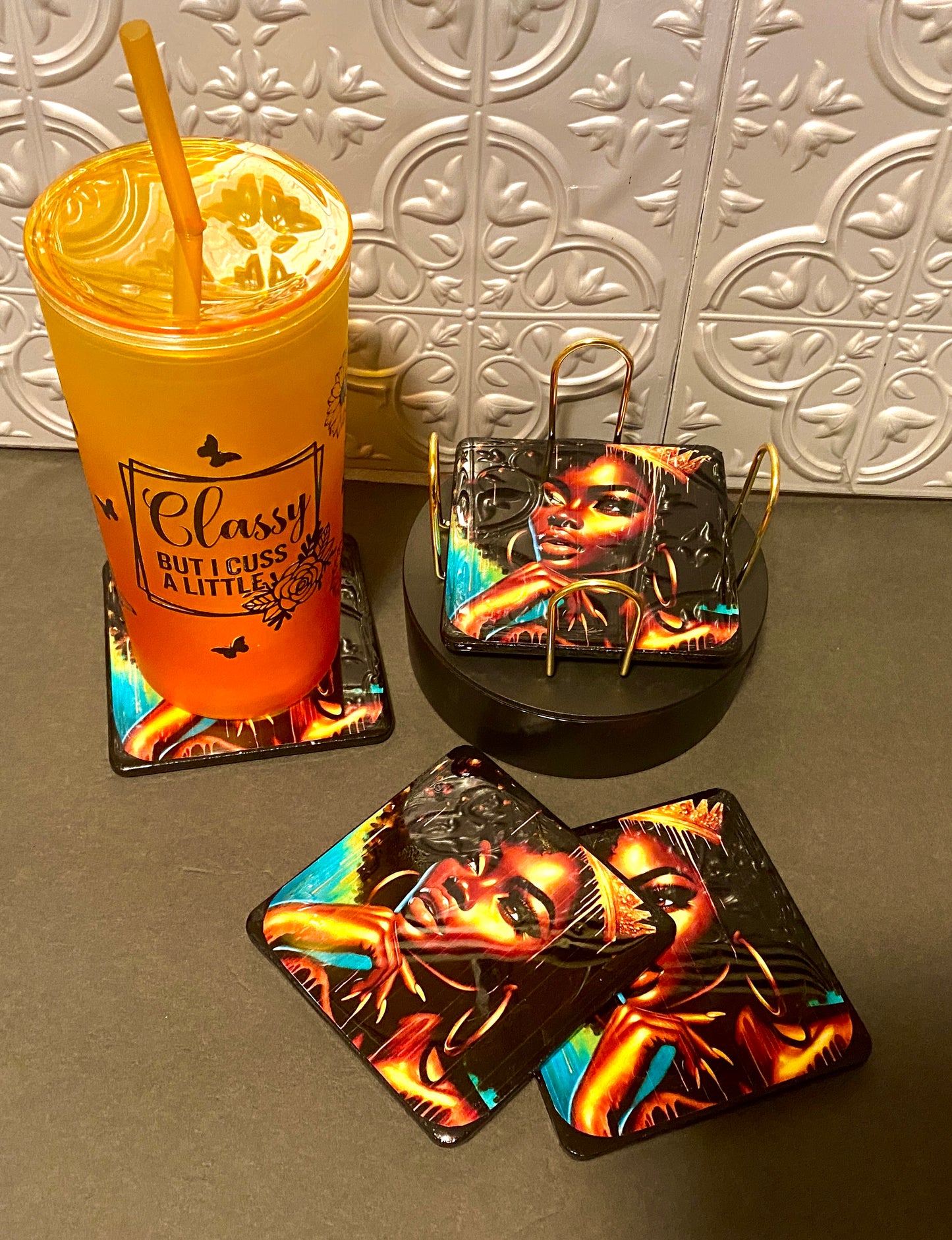 Handcrafted Black Beauty 4pc Wooden Coaster Set w/ Holder