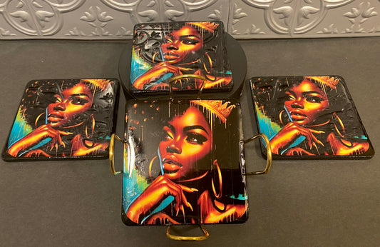 Handcrafted Black Beauty 4pc Wooden Coaster Set w/ Holder