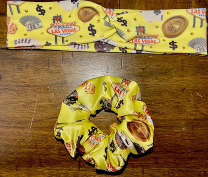 Handmade 2pc Las Vegas Headband & Scrunchie Set w/ Rhinestone Accents