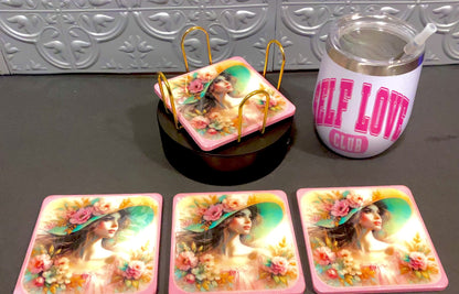 Vintage Lady In The Pink Hat 4pc Wooden Coaster Set w/ Holder
