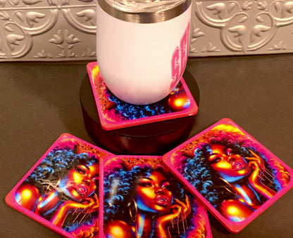 Handcrafted 4pc Hot Pink Lady Coaster Set w/ Holder